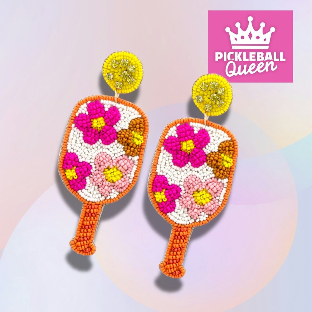 Pickleball Queen Floral Paddle Beaded Rhinestone Earrings